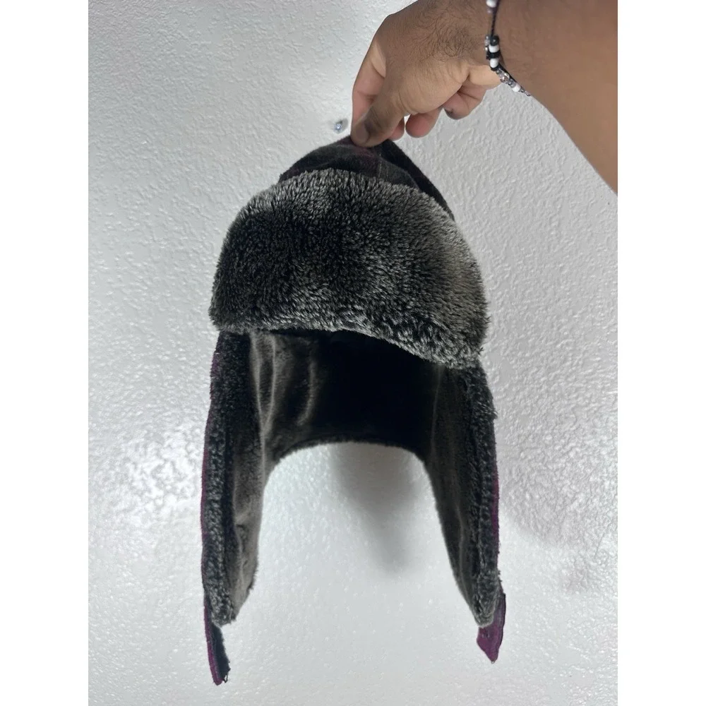 Plaid Trapper Hat Faux Fur Ear Flap Winter Aviator Cap Purple Gray One Size